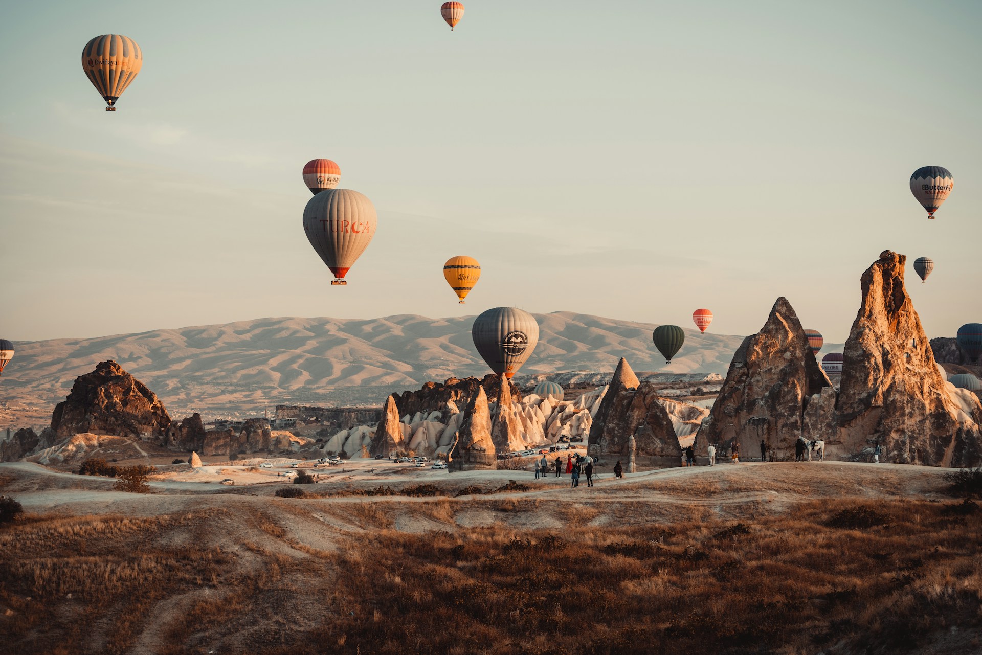 Hot air balloons over Cappadocia at sunrise