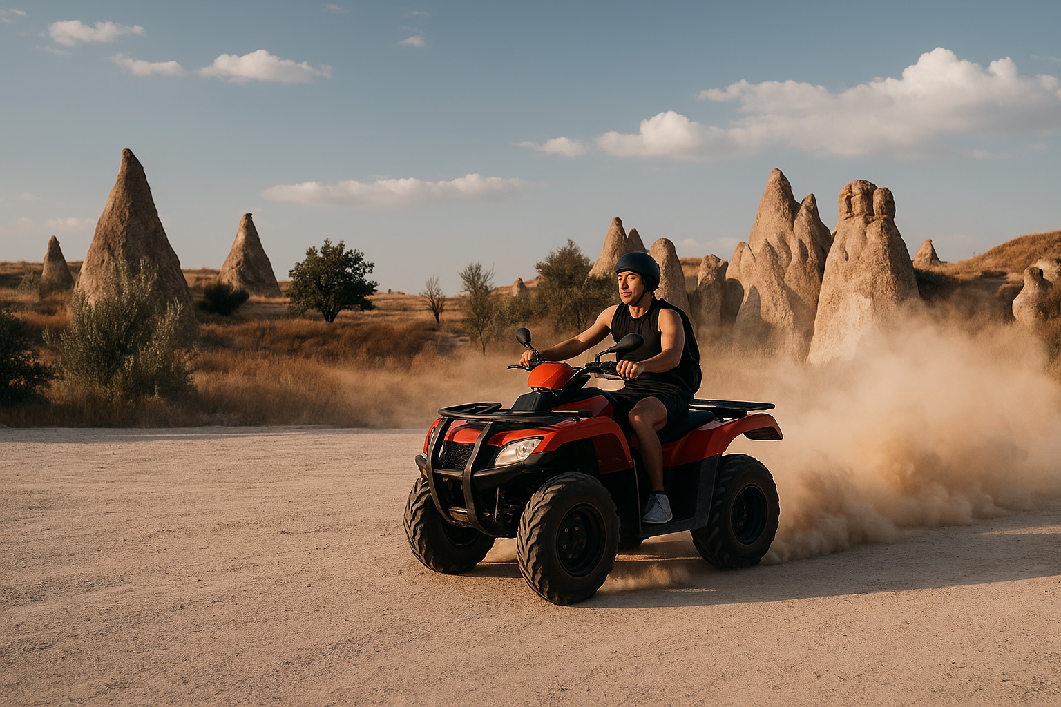 Two ATVs driving through Red Valley in Cappadocia during sunset