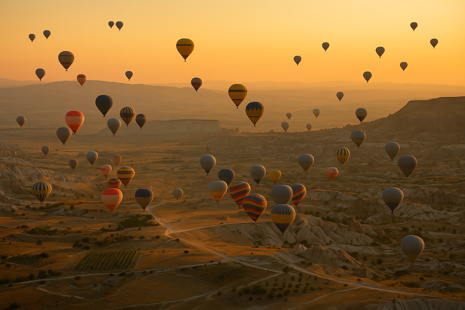 Colorful hot air balloon flying over Göreme at sunrise with panoramic landscape view