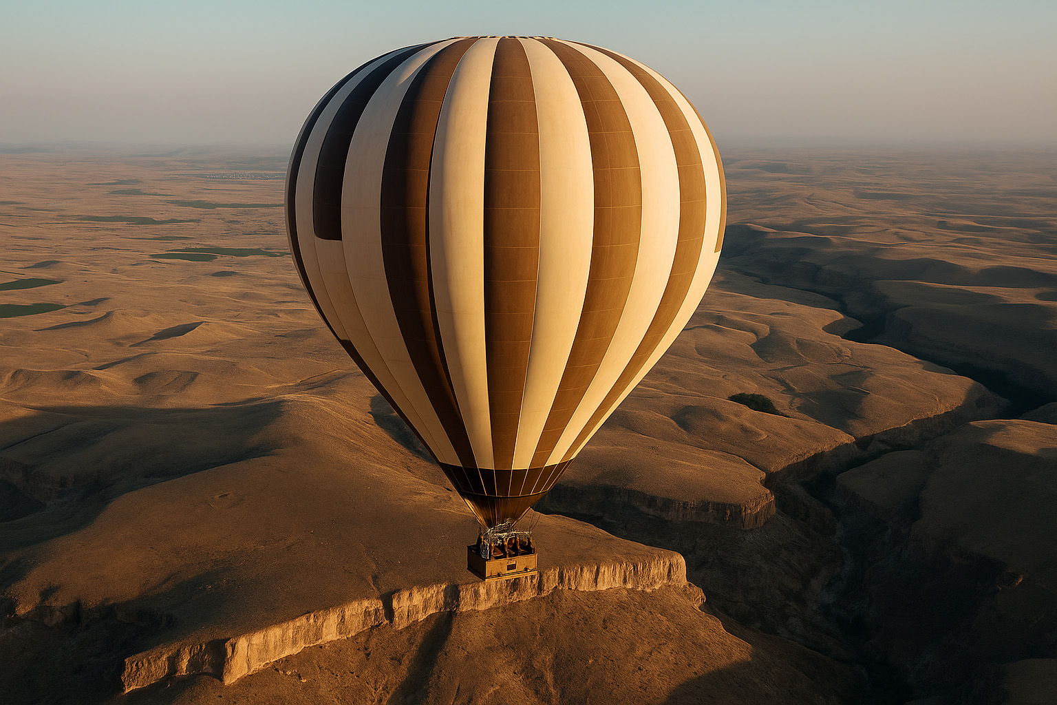 Hot air balloon flying over the quiet and scenic Soganli Valley at sunrise