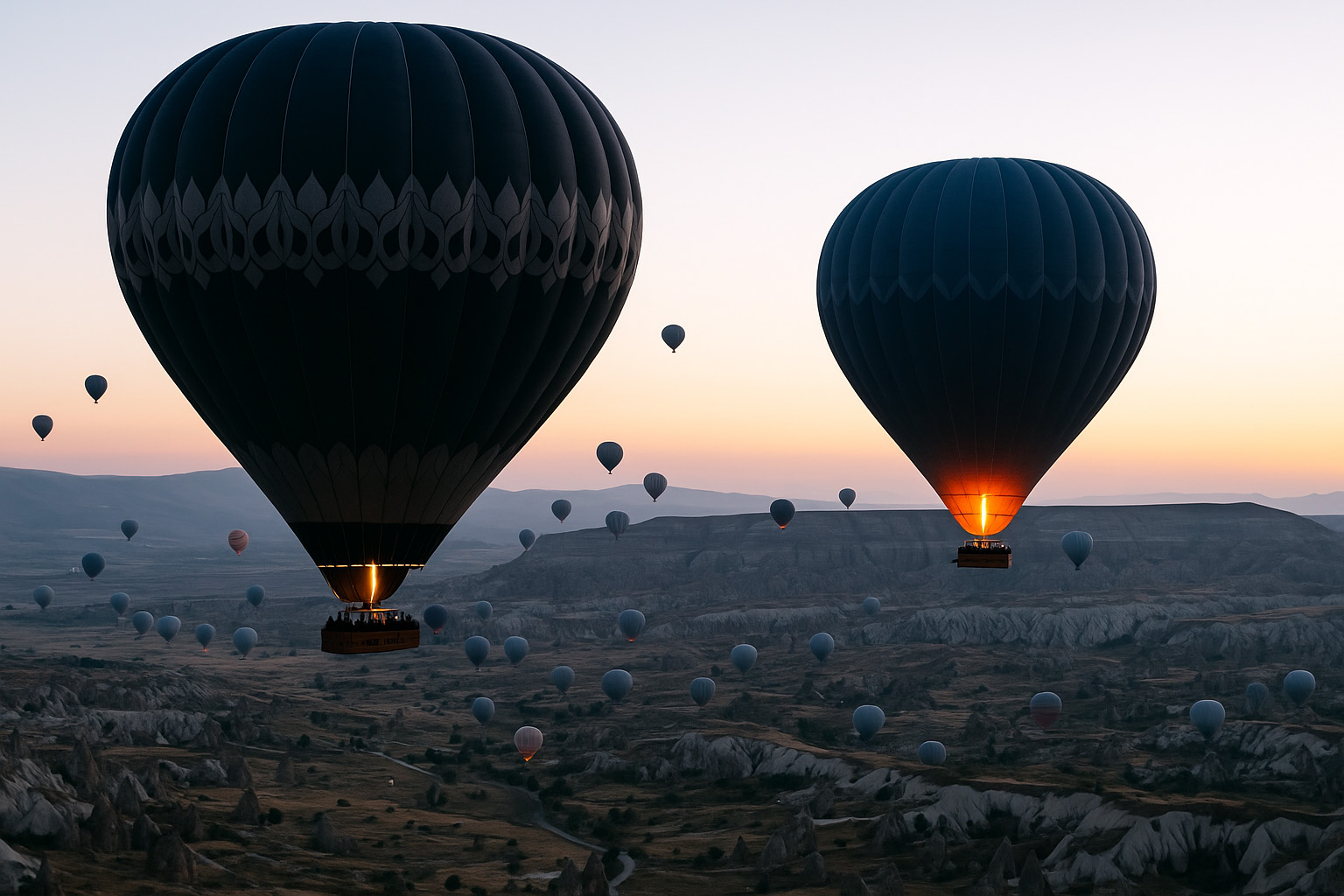 Hot air balloon flying over Göreme’s fairy chimneys at sunrise