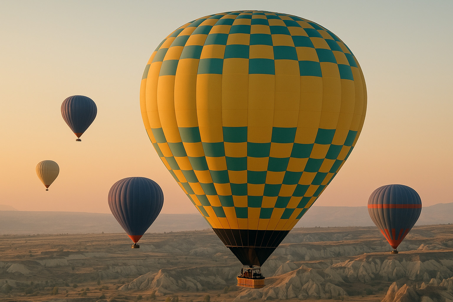 Hot air balloons flying at sunrise over Cappadocia’s rocky valleys