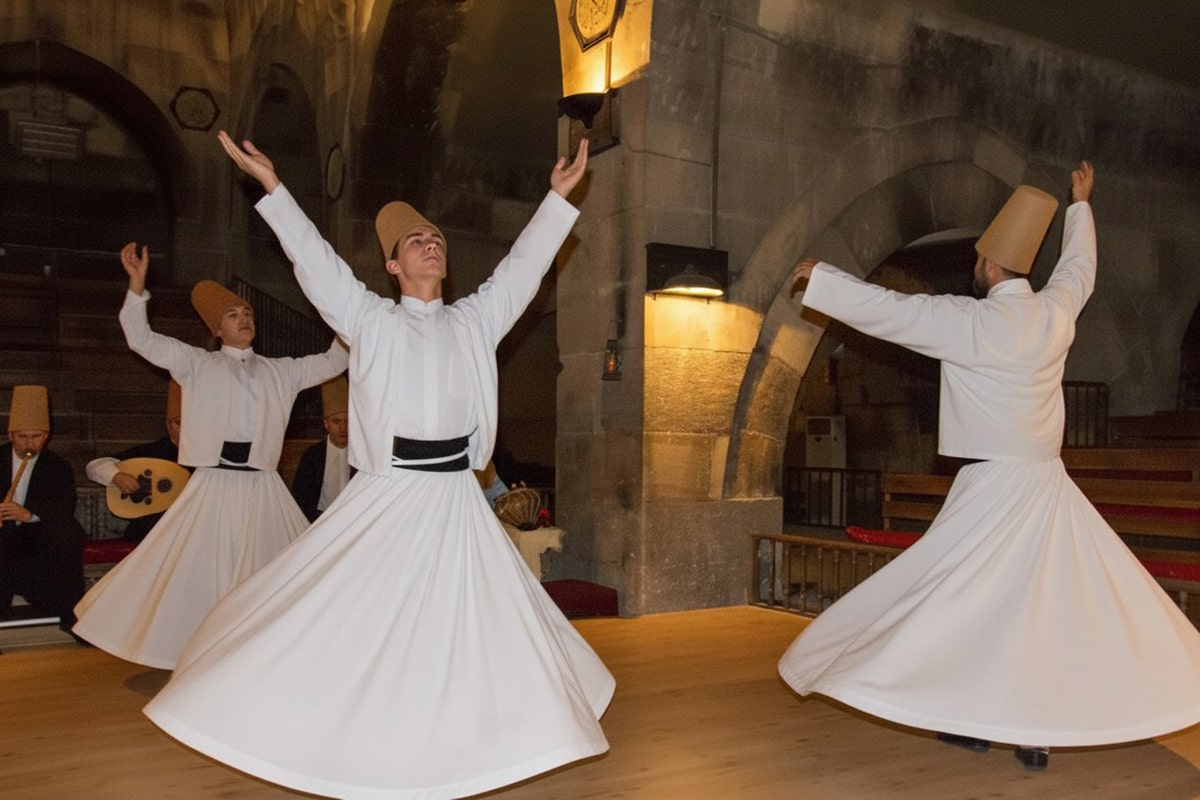 Whirling dervishes performing Sema ceremony under soft lighting in Cappadocia